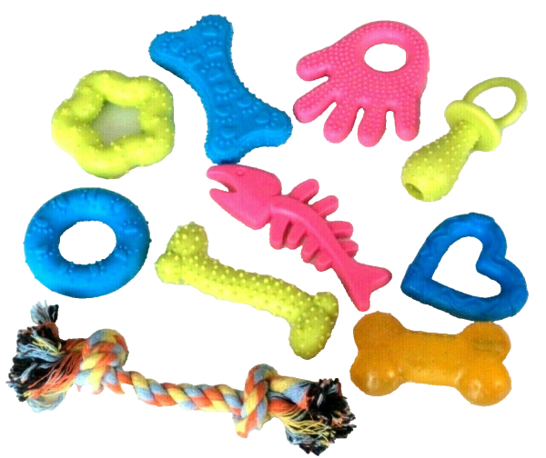 10 teiliges Hundespielzeug Set für kleine Hunde aus Gummi mit Zerrseil